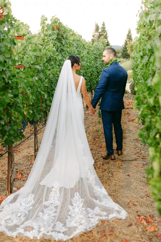 bride and groom holding hands in a vineyard