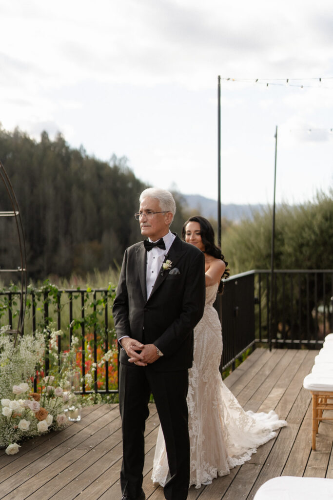 first look with dad at wedding | An Elegant Affair: A Stunning Wedding at Auberge du Soleil in Napa Valley